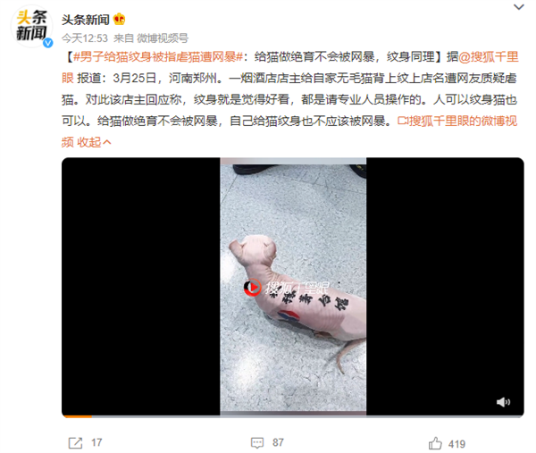 男子給貓紋身被指虐貓?jiān)饩W(wǎng)暴 回應(yīng)：人可以貓也可以、請了專業(yè)人士